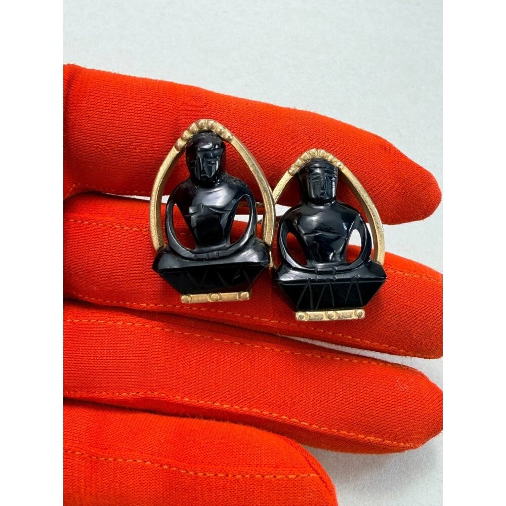 Vintage Carved Black Onyx Buddha Cufflinks Gold Tone Rare Jewelry Mens